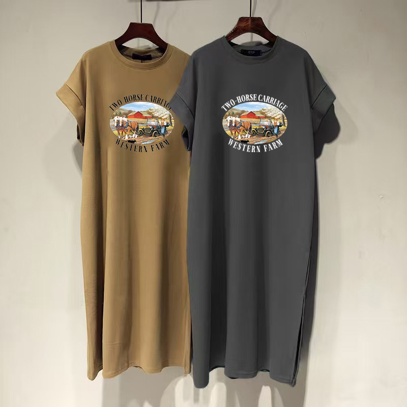 2025 Spring and Summer New plus size Cotton Short-sleeved T-shirt Dress Women's Loose Slimming Flying Sleeve Split Mid-length dress