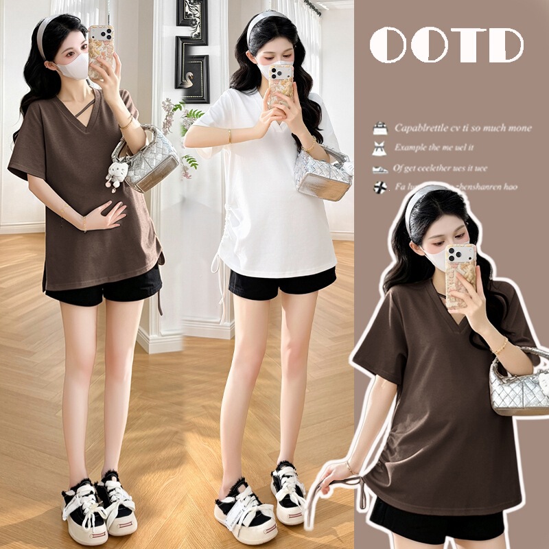 Maternity Wear 2026 Summer New Fashion Casual V-Neck Drawstring Loose Chic Slimming Maternity Top T-Shirt