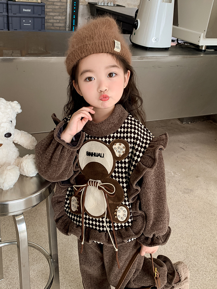Girls plush hoodie for autumn and 2023 new children's trendy cartoon teddy bear winter two-piece set_voghion.com