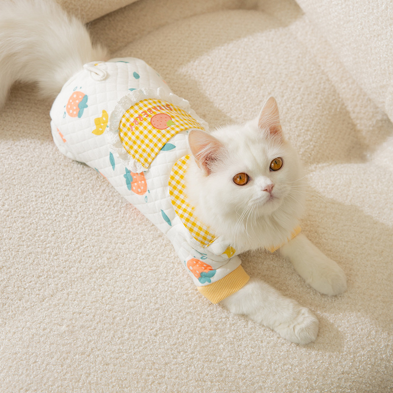 Gato Otoño e Invierno de algodón de dibujos animados impreso de cuatro patas bolsa de ropa del vientre ropa de protección del vientre caliente perro bolsa de ropa para mascotas