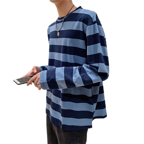 Classic Striped Long-Sleeve T-Shirt for Men, Round Neck, Thin, Loose, Fashion, Unisex, Casual Underwear Top