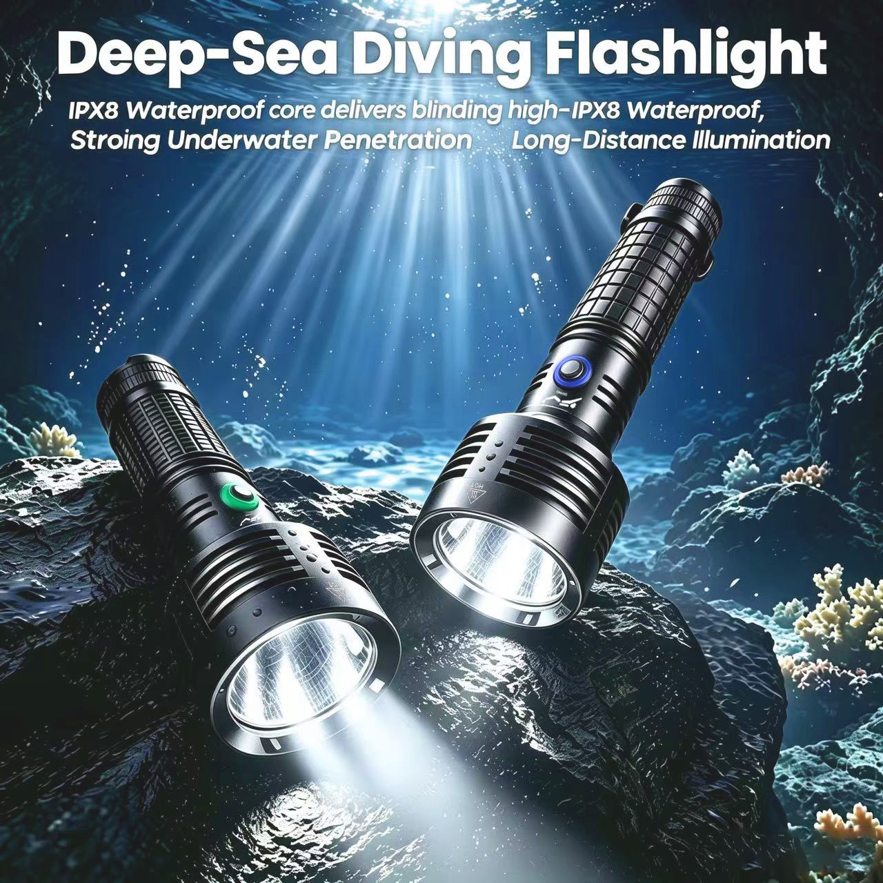 Diving flashlight, high-intensity, rechargeable, ultra-bright, waterproof, for underwater use, professional deep-sea diving, night diving, fishing, and beach activities