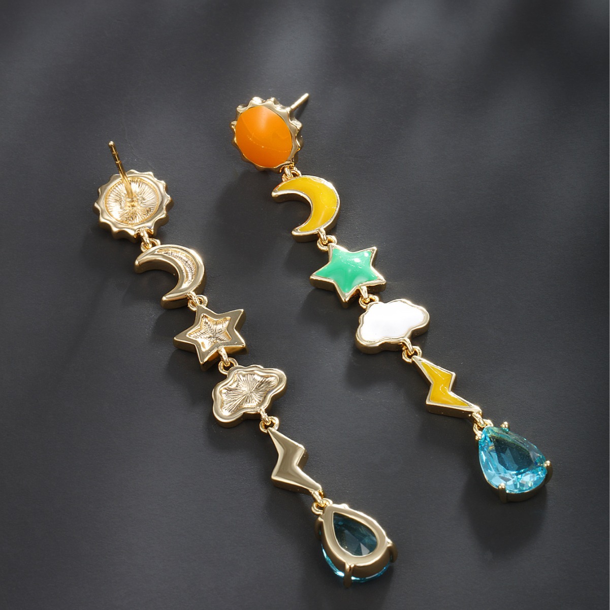 Joyas Xuping sol, estrella, luna, nube relámpago, aretes largos, nicho de diseño, aretes de esmalte de color al por mayor