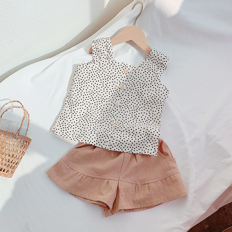 套装2021夏季新款女童波点单排扣套装潮中小童宝宝韩版吊带两件套|ms