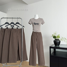 槿一 洗水做旧咖色弹力休闲裤夏季复古百搭显瘦直筒长裤女秋显瘦