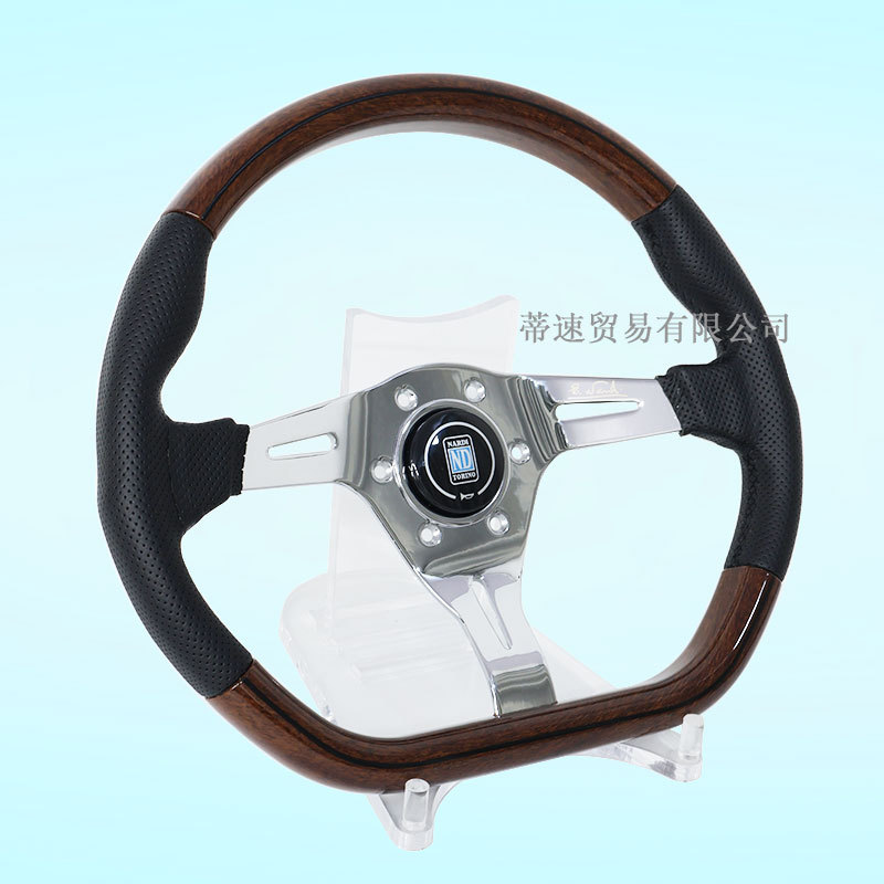 Cross-Border Hot-Selling Nd Retro Mahogany Steering Wheel Modification 14inch D-Type Leather Steering Wheel with Universal Hole Spacing of 74mm