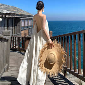 现货明星同款吊带裙大露背连衣裙性感度假长裙