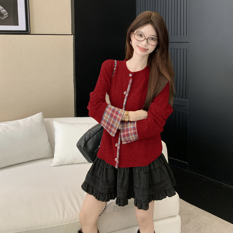大码韩版气质套装女秋季假两件针织开衫胖MM显瘦高腰短裙子两件套|undefined