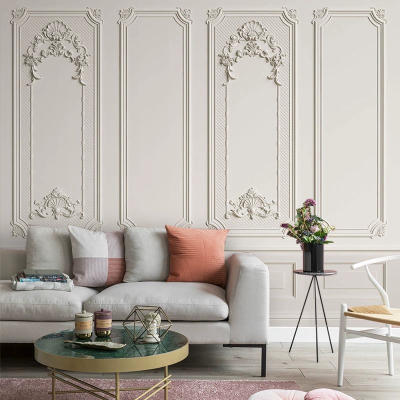 复古法式美式轻奢墙布浮雕石膏线墙纸直播间卧室美容院壁纸