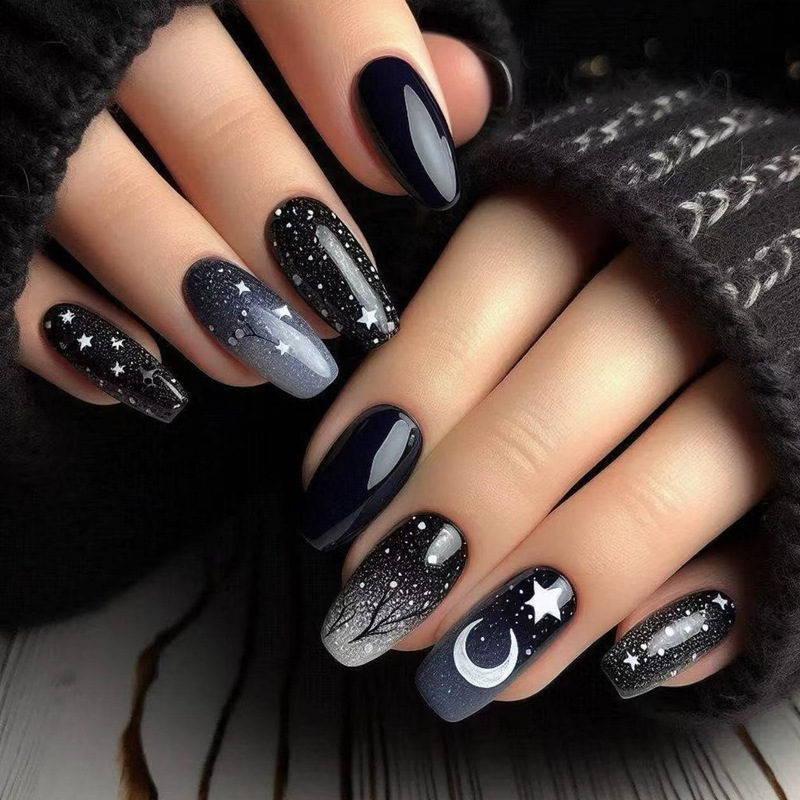 Winter black Chinese gray gradient snowflake stars night design wear nail nail nail nail nail patch