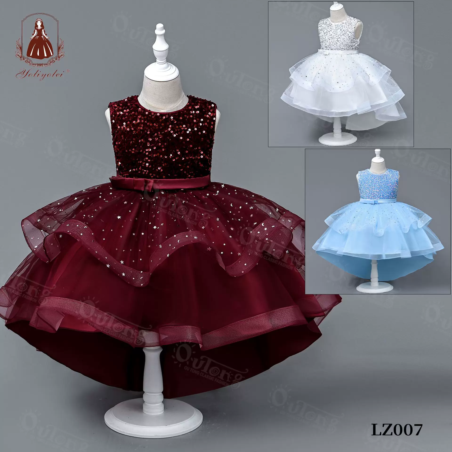 欧童女童裙子夏季无袖亮片网纱钢琴宴会主持人拖尾连衣裙周岁礼服