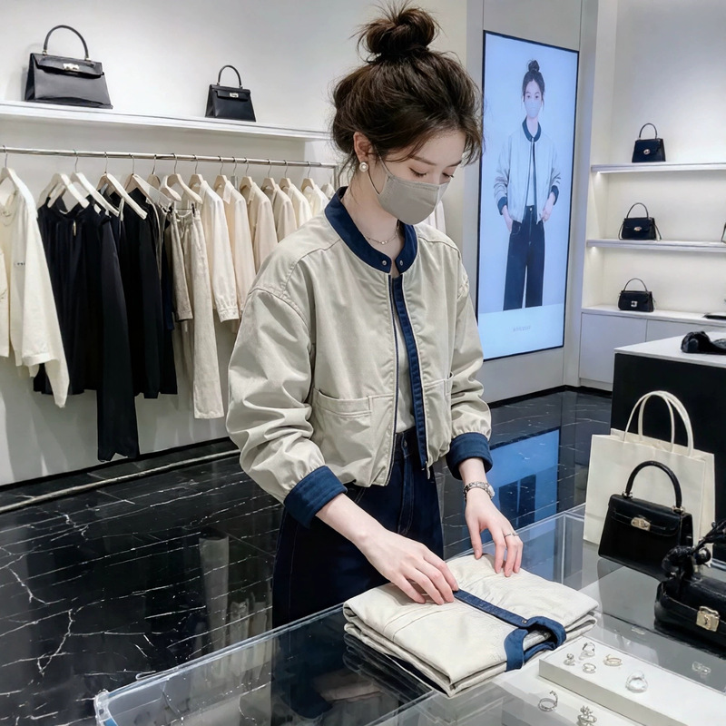 Casual style color-block jacket for women, new autumn short versatile commuter chic zipper jacket Casual style color-block jacket for women, new autumn short versatile commuter chic zipper jacket