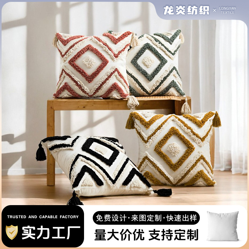Almohada con mechones de estilo bohemio Cojín con flecos étnicos marroquíes Cojín con mechón de sofá de sala de estar Tongfang Funda de almohada
