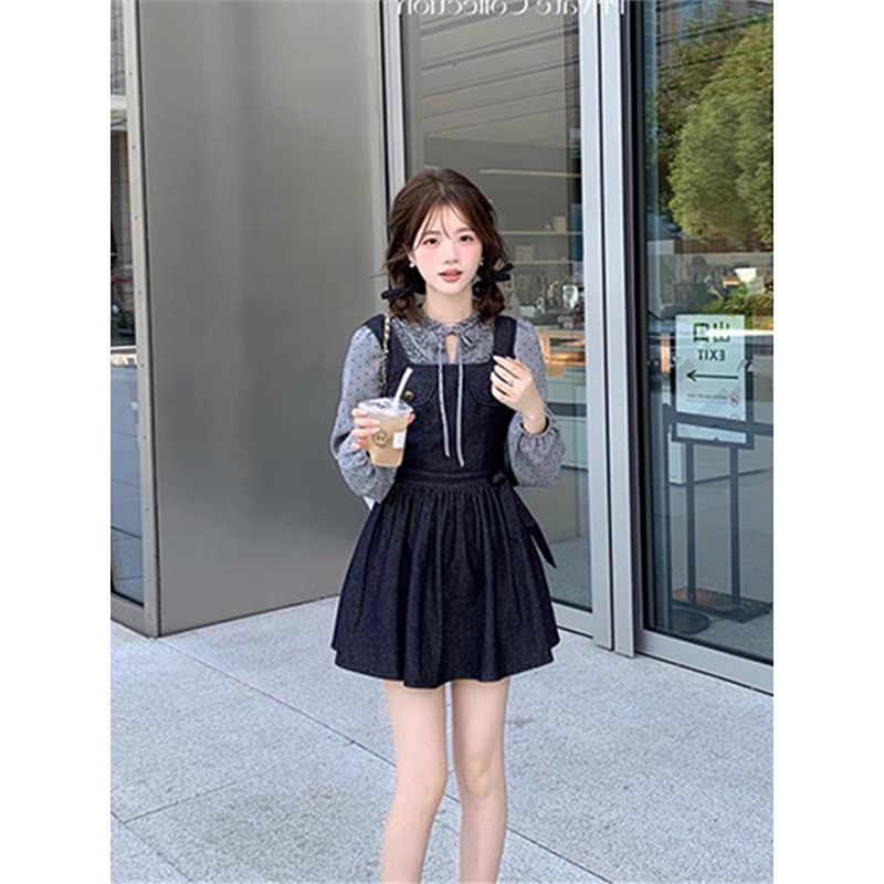 ChicShe French Style Sweet Denim Suit For Women, Autumn Polka Dot Lace-Up Shirt, Vintage Washed Sexy Tank Dress_voghion.com