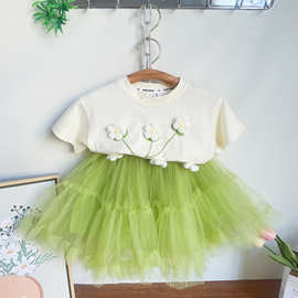 Ancorelala2023春夏新款女童套装花朵短袖上衣加兔兔网纱裙两件套
