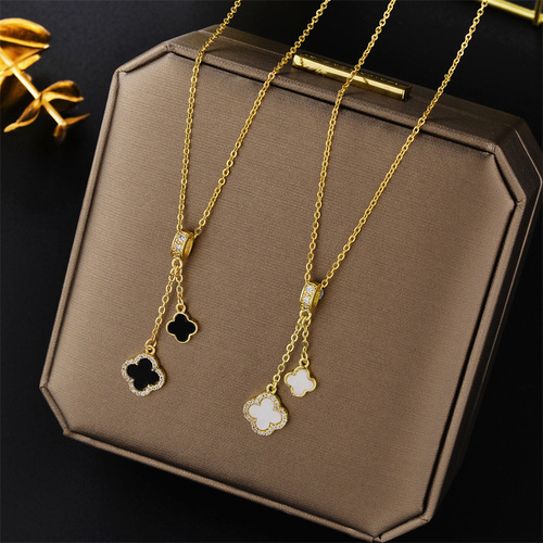  Korean Version New Fashion Simple Micro-Set Diamond Tassel Clover Pendant Titanium Steel Clasp Necklace Accessory