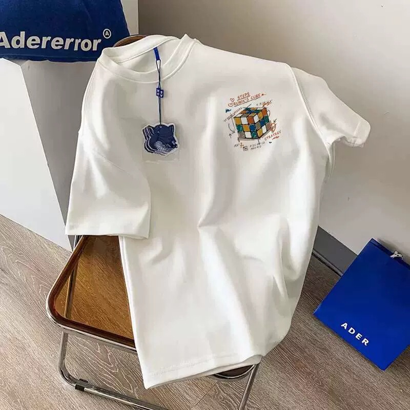 Korean-Style Minimalist Cube Print Short-Sleeve T-Shirt for Women, Waffle Texture, Round Neck, Slim-Fit Base Shirt, Summer Style