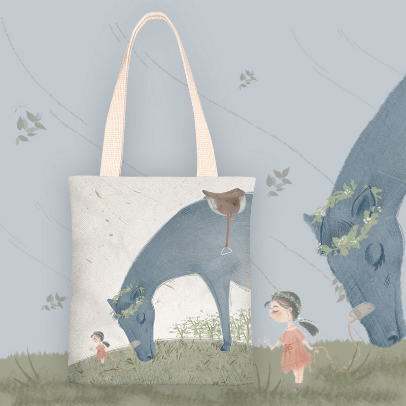 新款小清新牵马小姑娘卡通学生单肩帆布包手提袋大容量购物袋