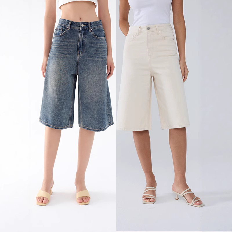 25 New Totê High Waist Hip-lifting Cotton Breathable Cropped Wide-leg Jeans Washed dark blue Capri Women's Pants