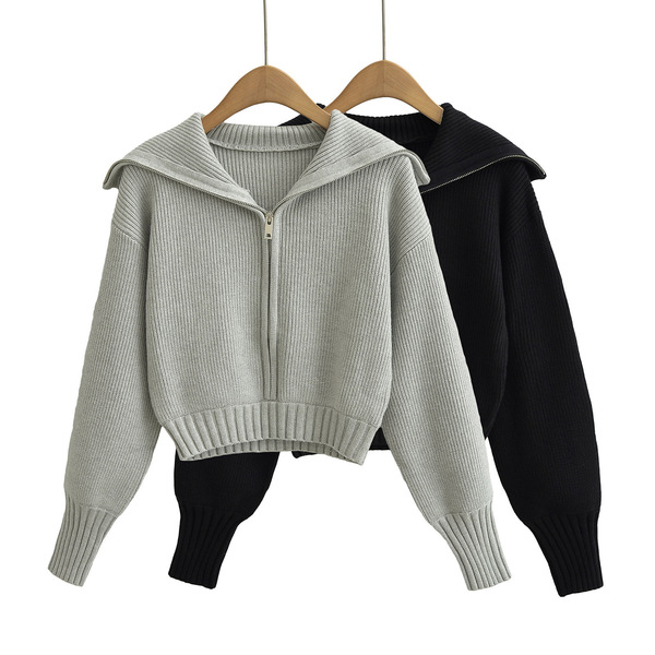 Retro solid color short knitted sweater with zipper