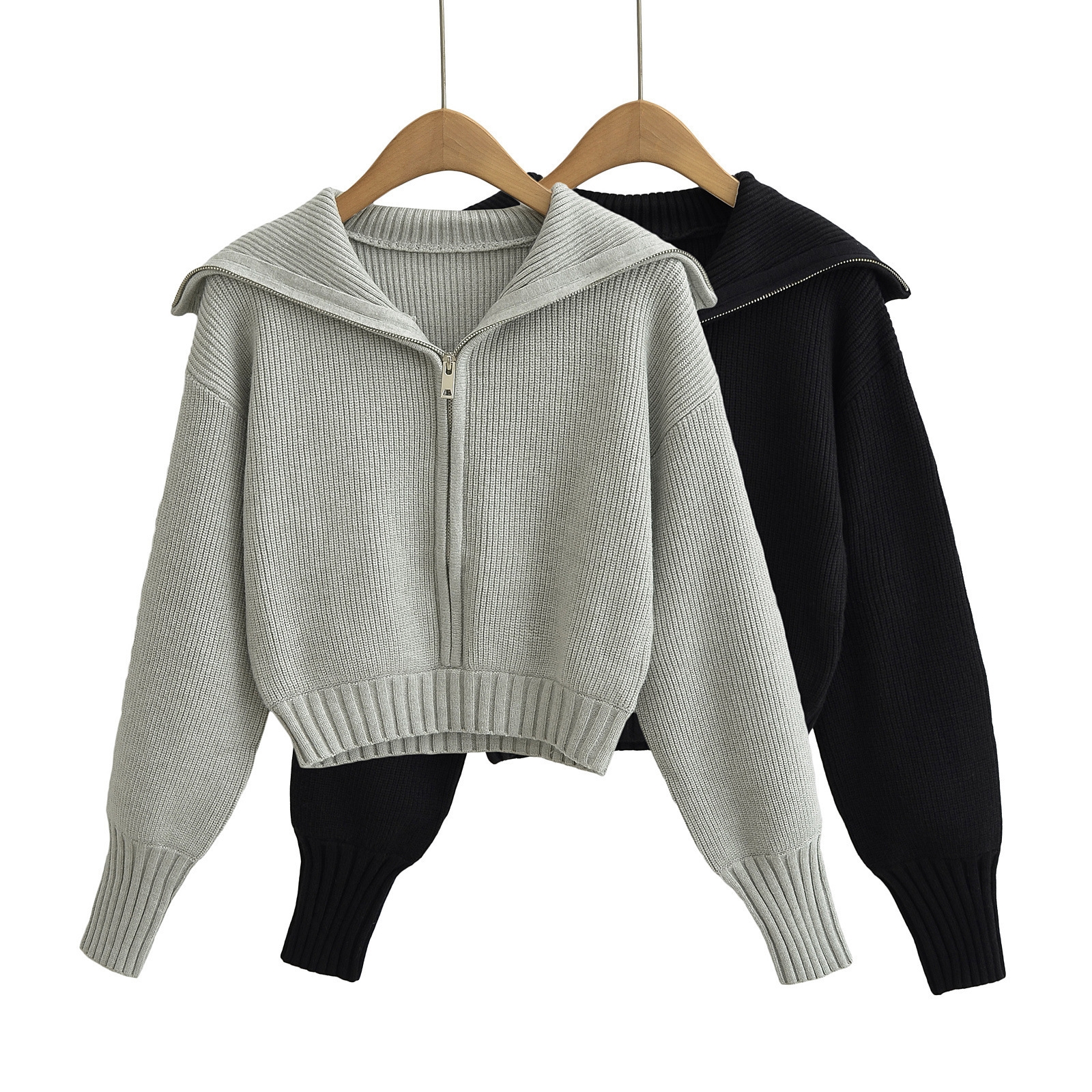 Retro solid color short knitted sweater with zipper
