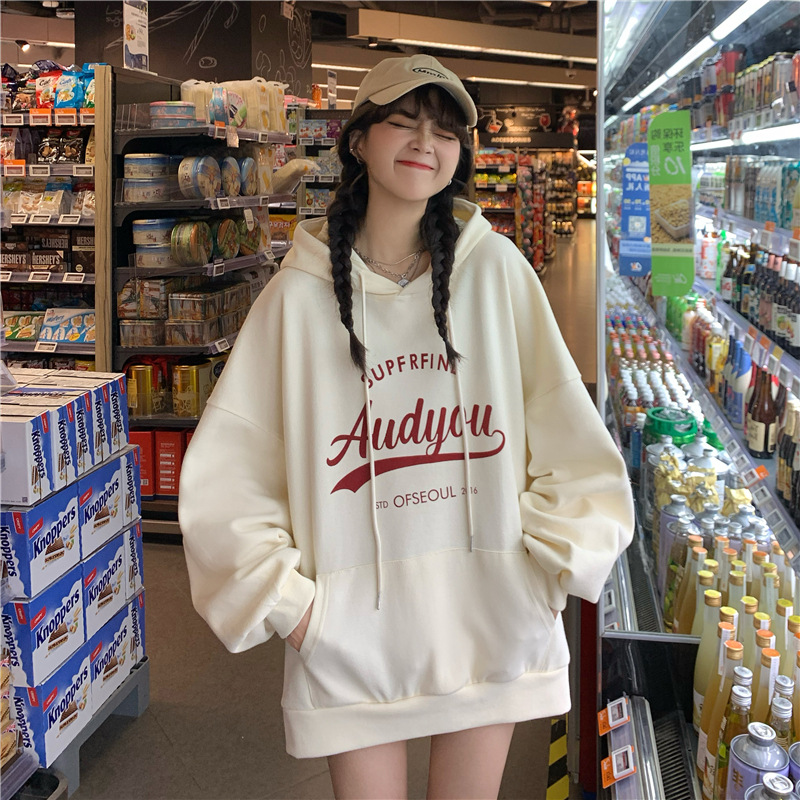 Sudera con Capucha Transfronteriza de Otoño/Invierno, Estilo Coreano, Estampado de Letras, Nuevo Modelo, con Forro Polar, Manga Larga, Top Multiusos de Moda