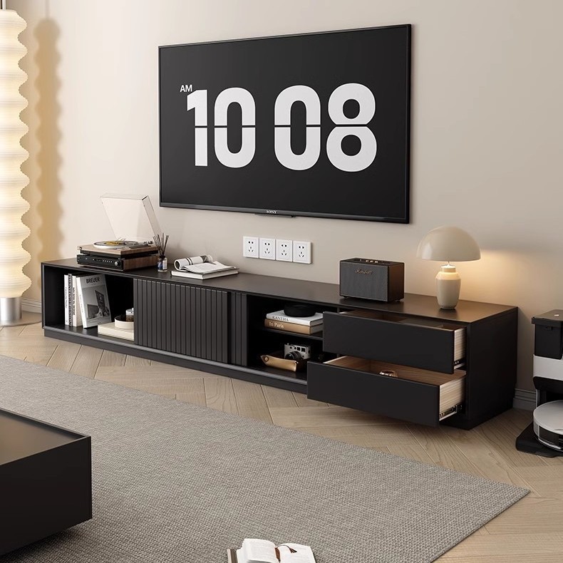 Estilo de lujo ligero moderno, estilo de alta gama, mueble de TV de madera maciza negra, sala de estar, hogar, piso simple contra la pared, apartamento grande