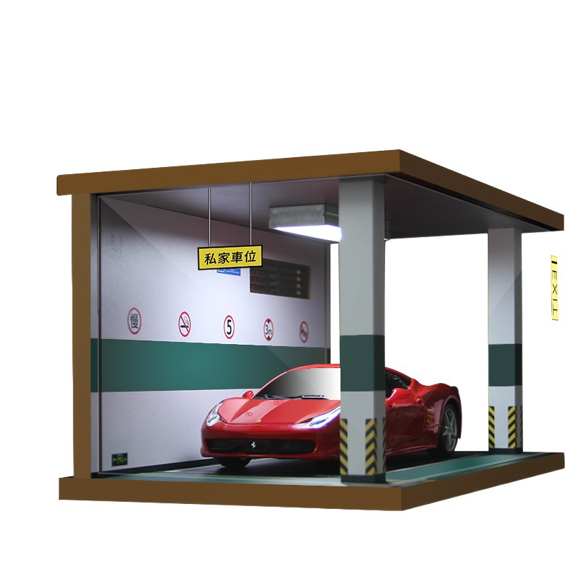 Garaje subterráneo Escena 1 24 DE MADERA modelo de estacionamiento simulación modelo de coche cubierta de polvo decoración ligera colección