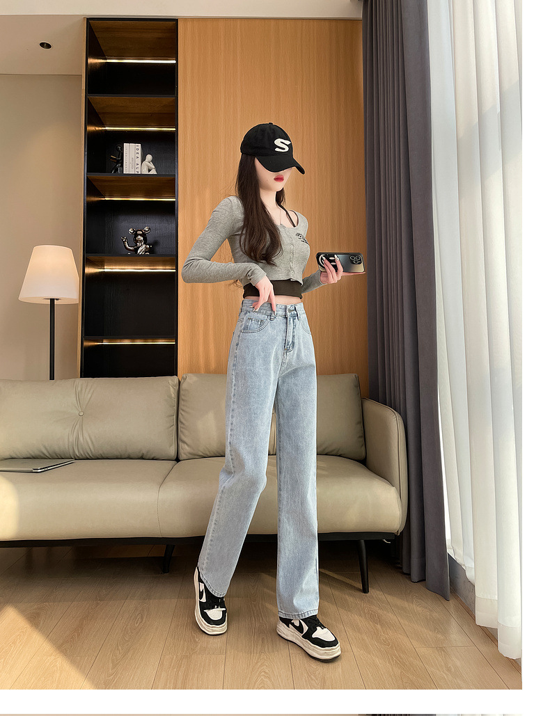 Quần jeans ống rộng dáng suông nữ kiểu retro tôn dáng — màu xanh nhạt chi tiết 2