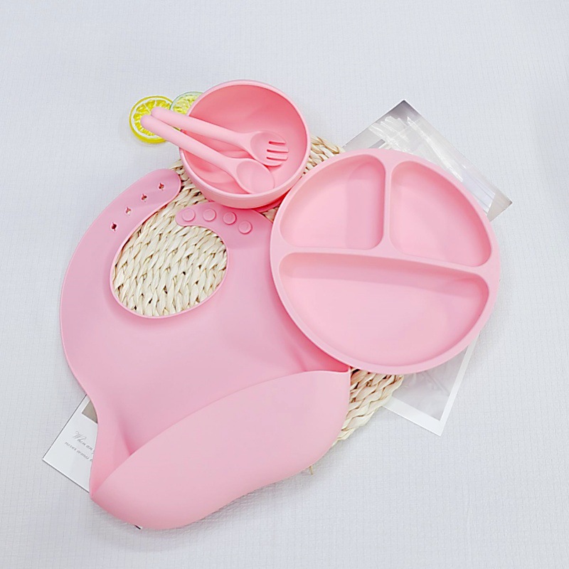 핑크 - 원형 디너 접시 + 턱받이 + 실리콘 스푼 + 실리콘 포크 + 그릇