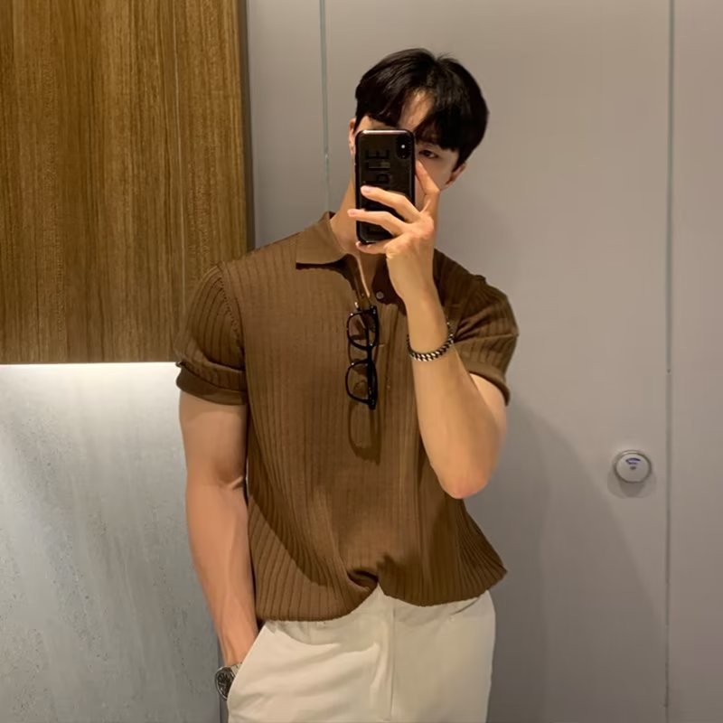 Men's Polo Shirt with Lel Trendy Casual Summer Textured Color Korean Knitted Shirt Short-sleeved T-shirt Base Shirt for Men