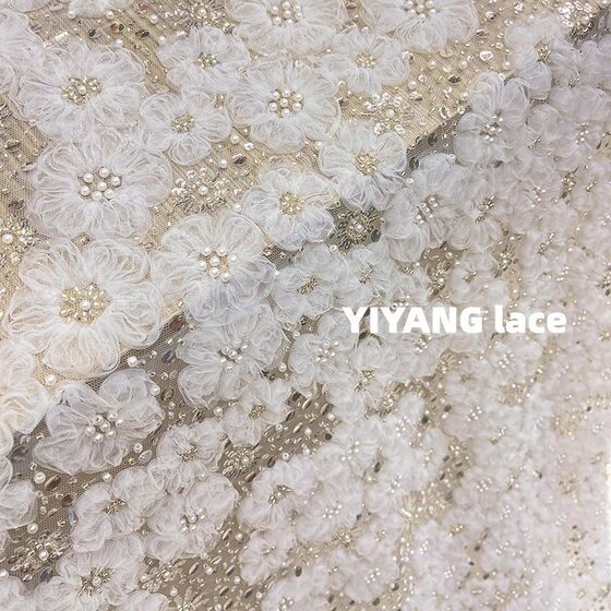 Heavy-Duty Three-Dimensional Bead Sequin Fabric Mesh Plate with Pearl Embroider Classy Wedding Dress Clothing Sequin Fabric