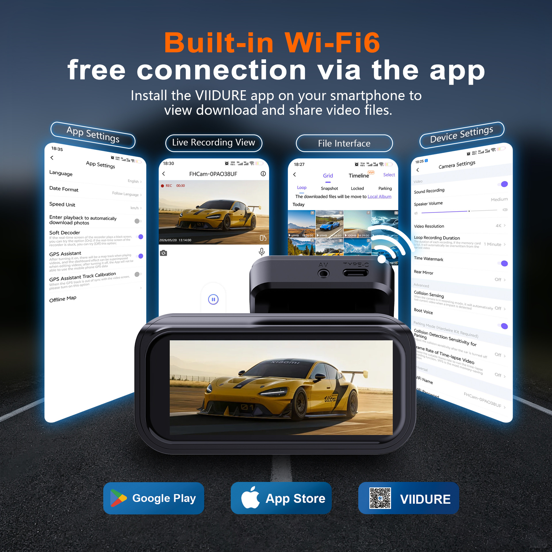 Cross-border 4K front and rear dual-recording dashcam WiFi6 mobile app connected car video recorder for foreign trade