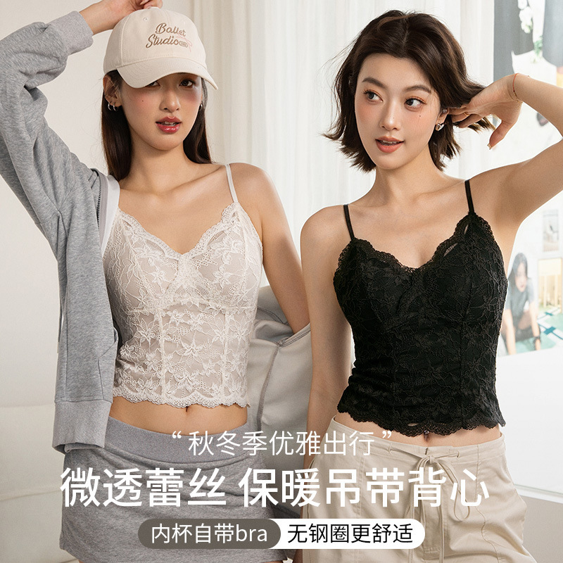 Spring and Summer New Designer Lace V-Neck Camisole for Women with Integrated Velvet Lining, Soft, Skin-Friendly, Comfortable, and Warm Vest