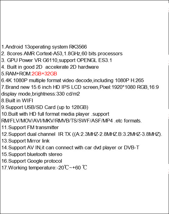 Cross-Border 15.6inch Car Ceiling-Mounted Tv Monitor Android 13 System Ips USB Car Rear Seat Entertainment