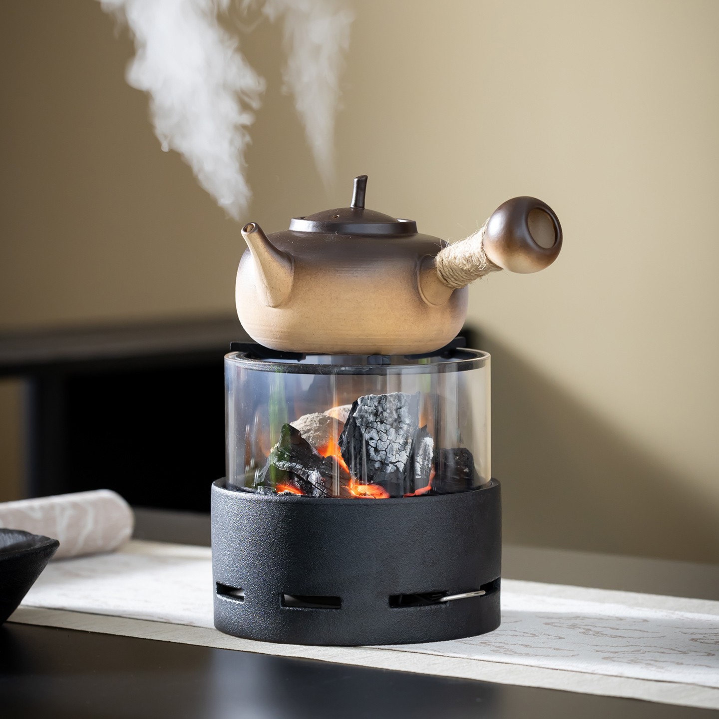 Transparent Fire Viewing Tea Boiler with Charcoal Heating for Home Use, Kettle and Tea Set