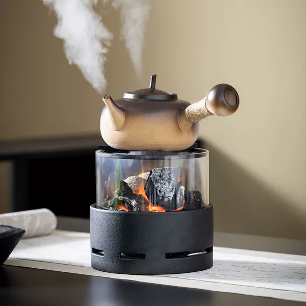 Transparent Fire Viewing Tea Boiler with Charcoal Heating for Home Use, Kettle and Tea Set