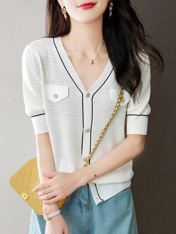 Shengyu Bamboo Women's Discount Mulberry Silk Short Sleeve Top Women's Summer Ice Silk Knitted Cardigan V Neck Thin Jacket