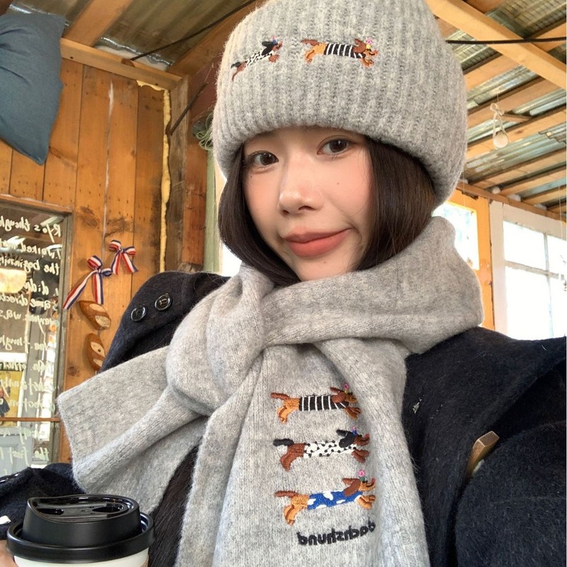 小狗刺绣针织毛线帽女秋冬季显脸小保暖防寒帽子韩系氛围感围巾|undefined