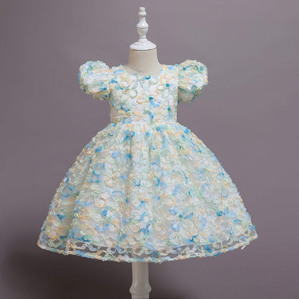 速卖通新款儿童公主礼服裙女童泡泡袖晚礼服女宝宝立体花朵连衣裙