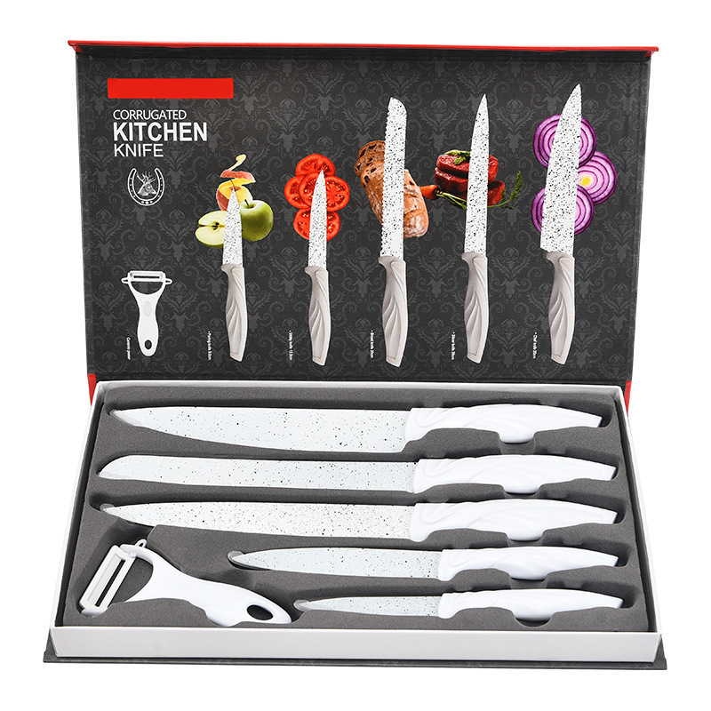 Venta al por mayor en stock blanco spray punto Phoenix cola de seis piezas de acero inoxidable hogar cuchillo de cocina traje de regalo cuchillo conjunto de fábrica
