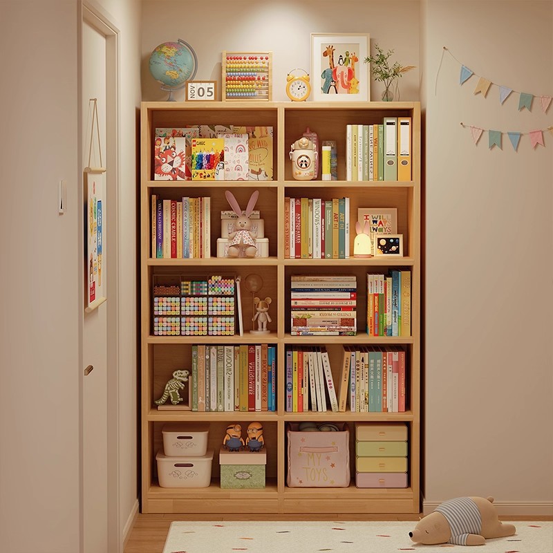 Solid Wood Door Bookshelf Student Home Storage Rack Floor-Standing Storage Cabinet Integrated Wall Storage Living Room Multi-Layer Bookcase