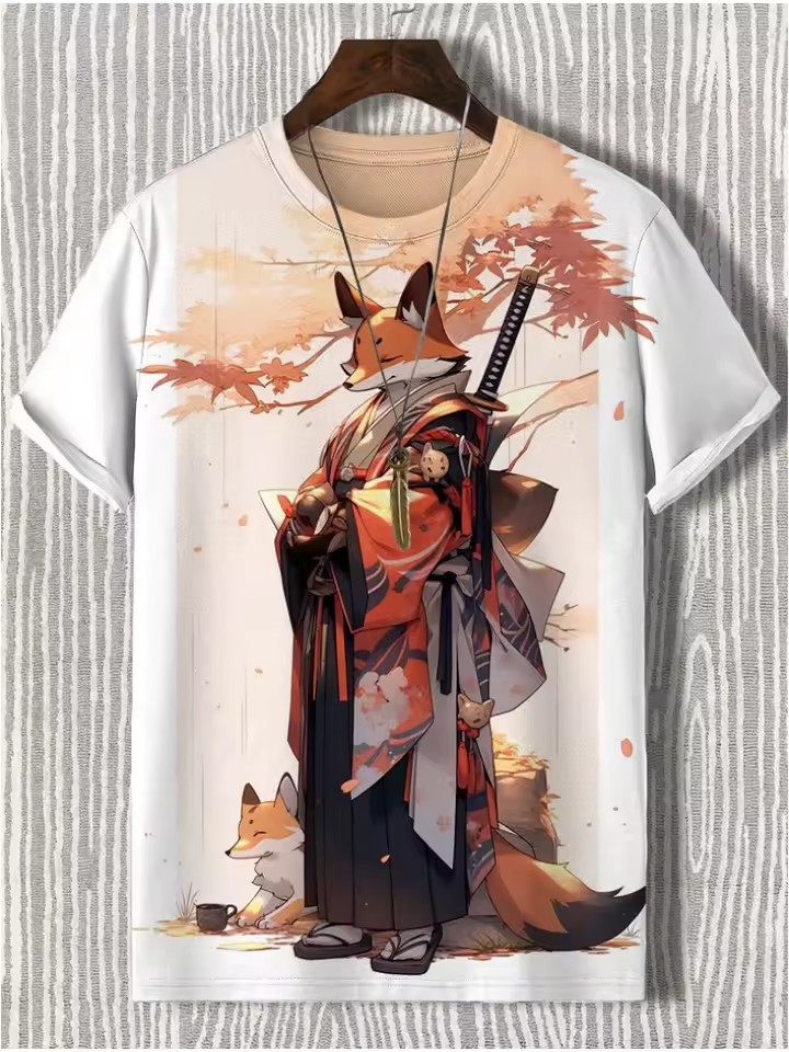 Tinta Jianghu Cat Dog Hero 3D Impresión digital Spot Moda callejera para hombres Camiseta de manga corta con cuello redondo y hombro