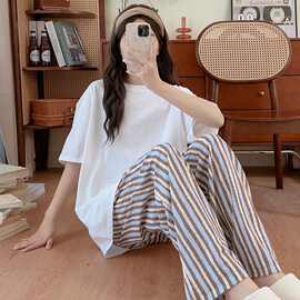 慵懒风棉质短袖长裤条纹简约感两件套套装可外穿家居服夏季女