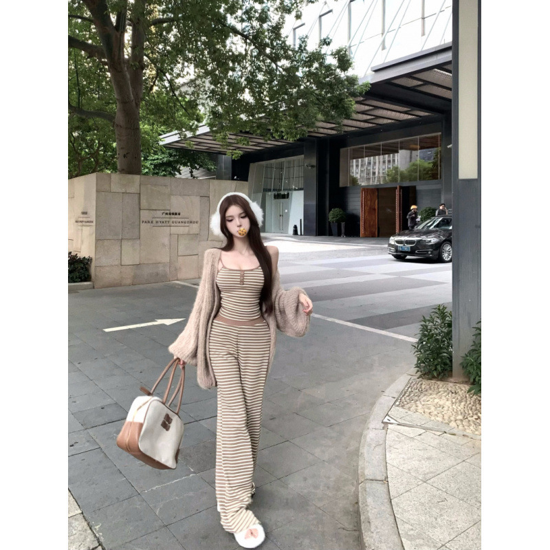 纯欲慵懒条纹吊带高腰垂感宽松显瘦休闲裤毛衣针织外套套装女|undefined