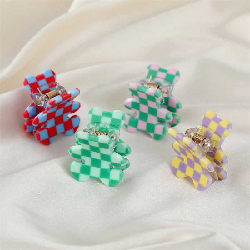 Color Plaid Bear Hairpin Acrylic Mini Grab Clip Bangs Clip Side Clip Jewelry display picture 2