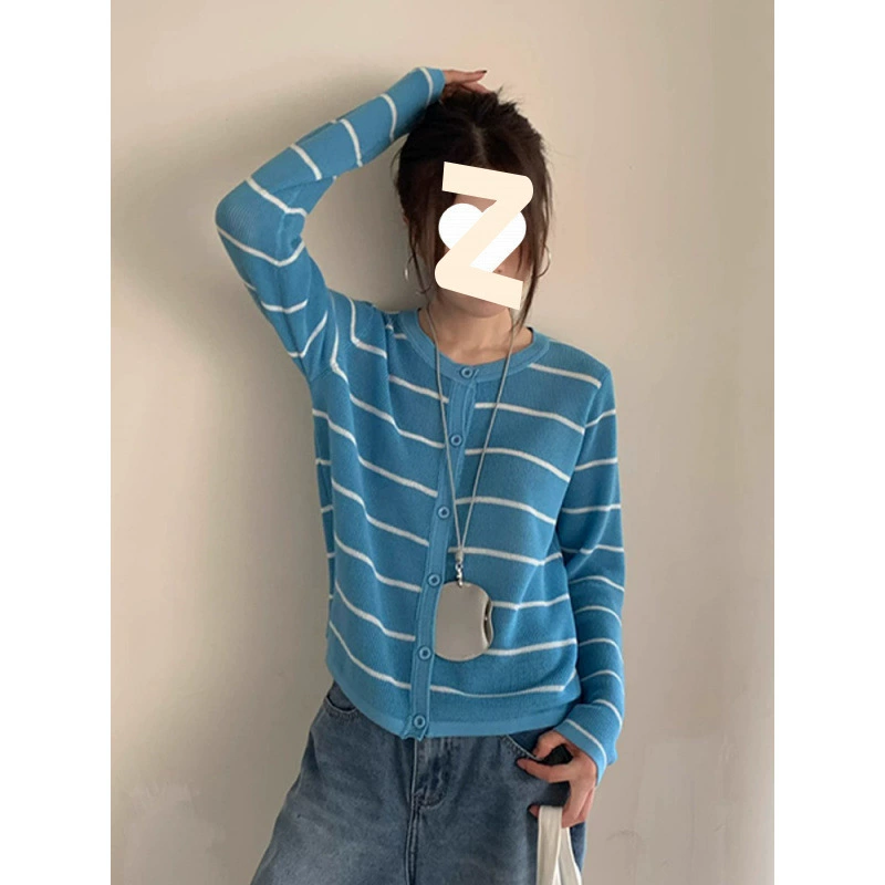 Летняя тонкая и супер приятная свободная верхняя одежда, солнцезащитный топ, слегка прозрачный полосатый вязаный кардиган в корейском стиле с длинными рукавами для женщин