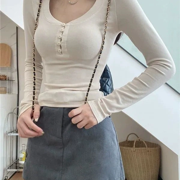 Long-Sleeve Henley T-Shirt, Women's Slim Fit Basic Layer, Button Front (S–XL)