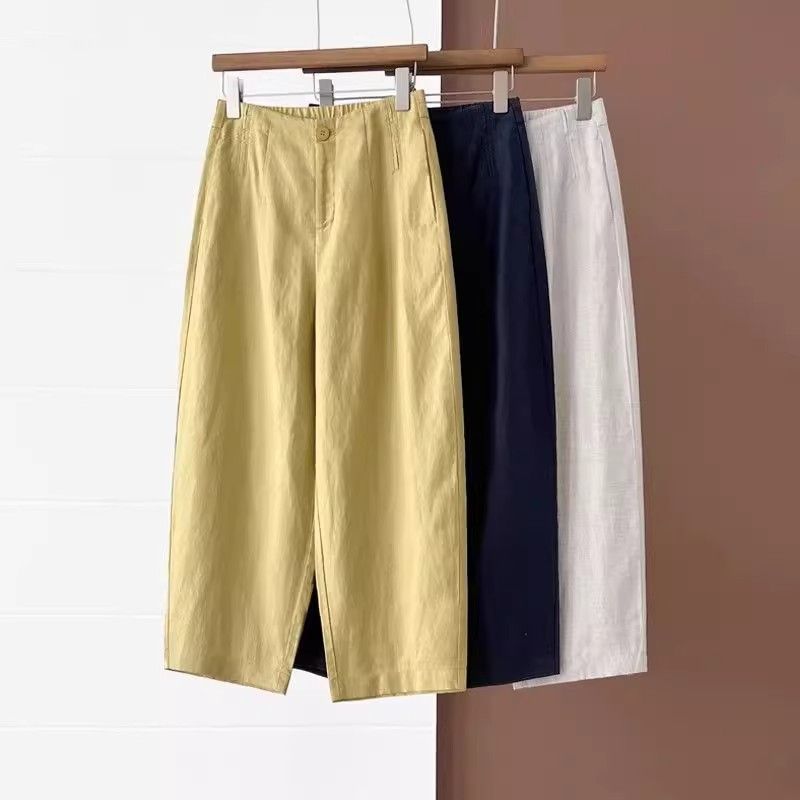 Tencel Linen Casual Pants Summer Thin Large Size High Waist Loose Versatile Slimming Nine-Point Ice Silk Wide-Leg Pants for Women