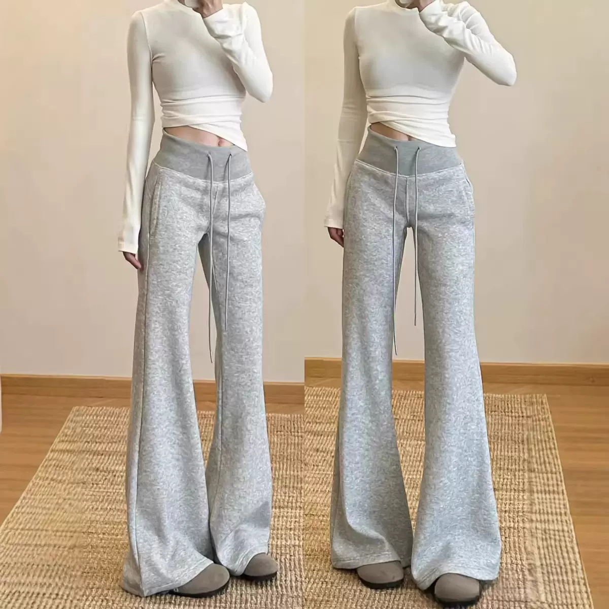 美式浅灰色运动微喇裤女秋冬2025新款休闲宽松显瘦喇叭裤加绒卫裤